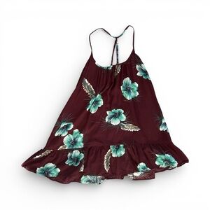 Volcom Burgundy Dress with Teal Tropical Floral Flowers Size Small Beach Luau